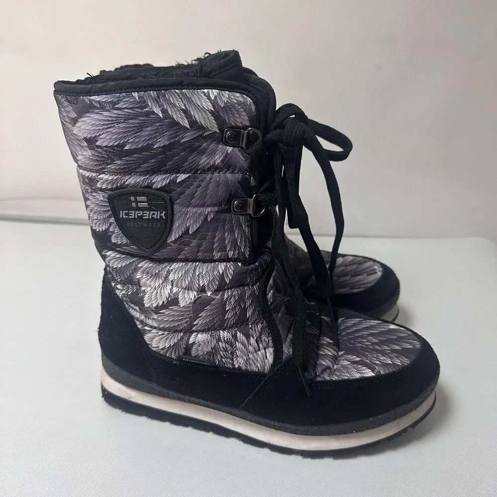 Icepeak Waterproof BootsBlack Lace Up Grip Puffer Faux Fur Snow Moon 8